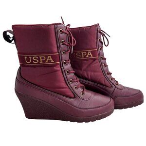 US Polo Association Womens Burgundy Lace-Up Wedge Boots Size 9.5